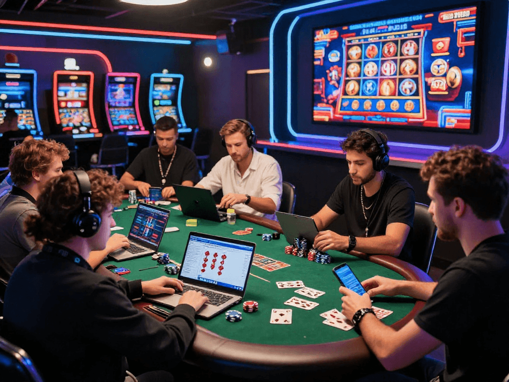 Casino en ligne animé avec joueurs engagés sur leurs appareils, ambiance électrisante et jeux variés.