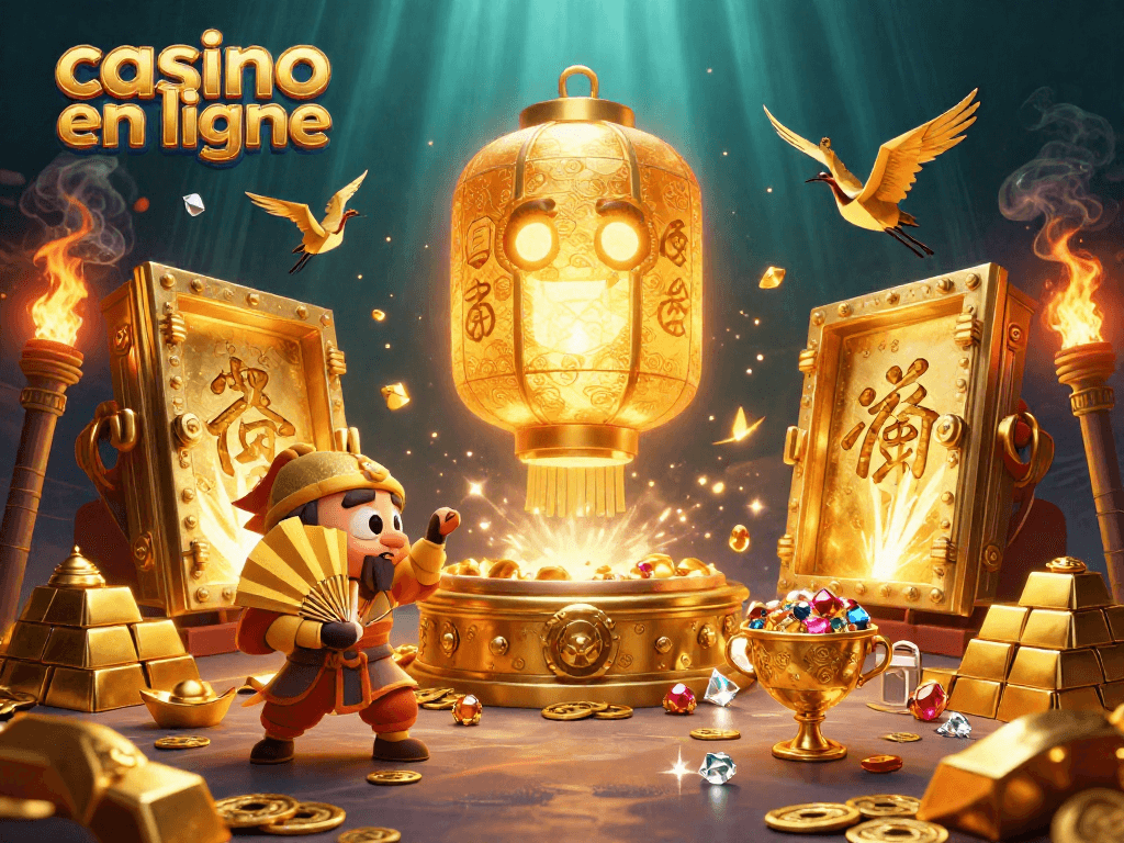 Gagnez au casino en ligne avec des personnages dynamiques et des éléments dorés scintillants.