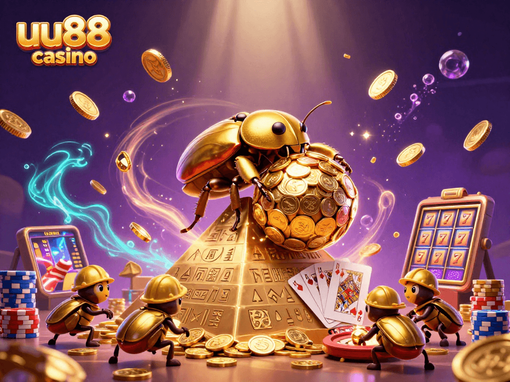 Experience the thrill at uu88 casino with 3D golden beetles rolling coins, vibrant game elements all around.