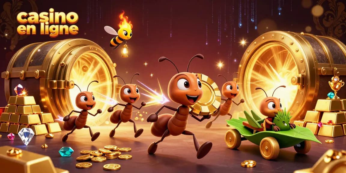 Visualisez le casino en ligne au cœur d'une aventure animée avec des fourmis, une lampe et des trésors scintillants.