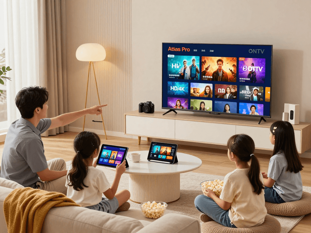 Famille profitant d'Atlas pro ontv en regardant des films sur un smart TV.
