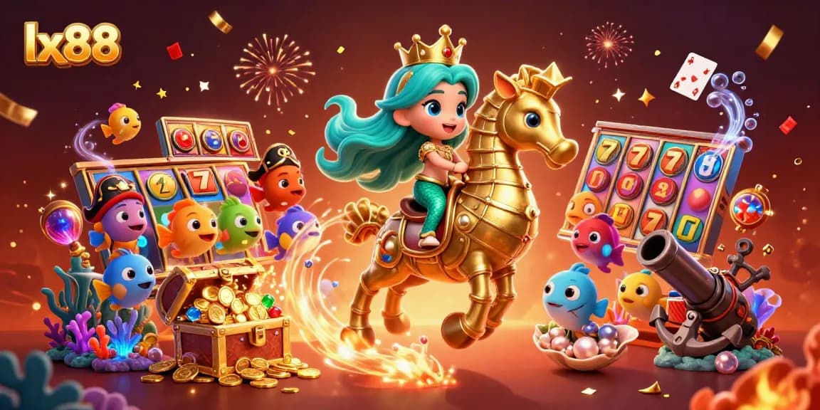 Experience the excitement of lx88 with a vibrant underwater casino scene, featuring a mermaid princess and golden seahorse.