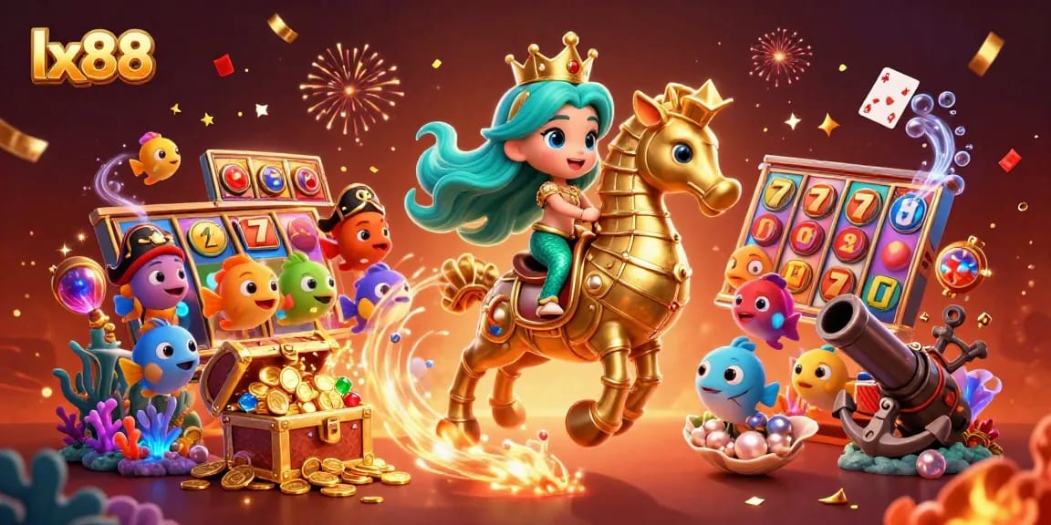 Experience the excitement of lx88 with a vibrant underwater casino scene, featuring a mermaid princess and golden seahorse.