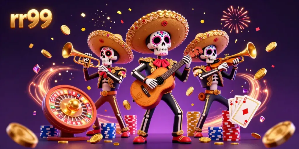 Experience festive gaming excitement with the vibrant rr99 skeleton mariachi band amidst cascading coins and cards.