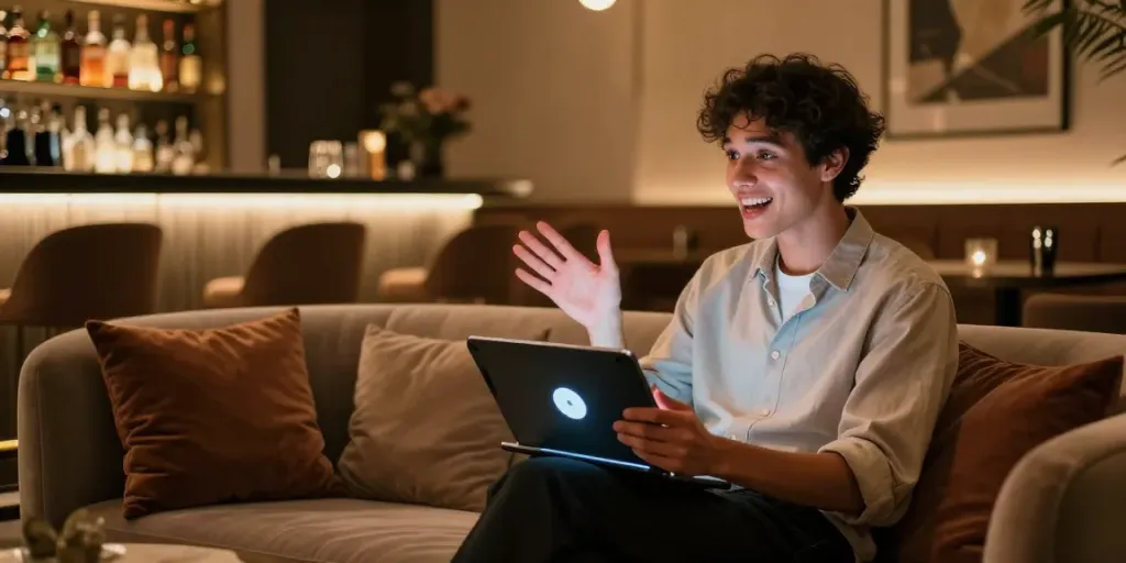 Engaging scene of stylish person chatting with NSFW AI companion in elegant lounge setting.