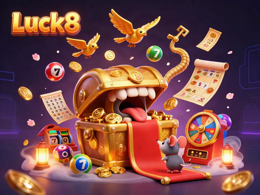Experience Luck8's playful casino adventure with a vibrant treasure chest and colorful game elements