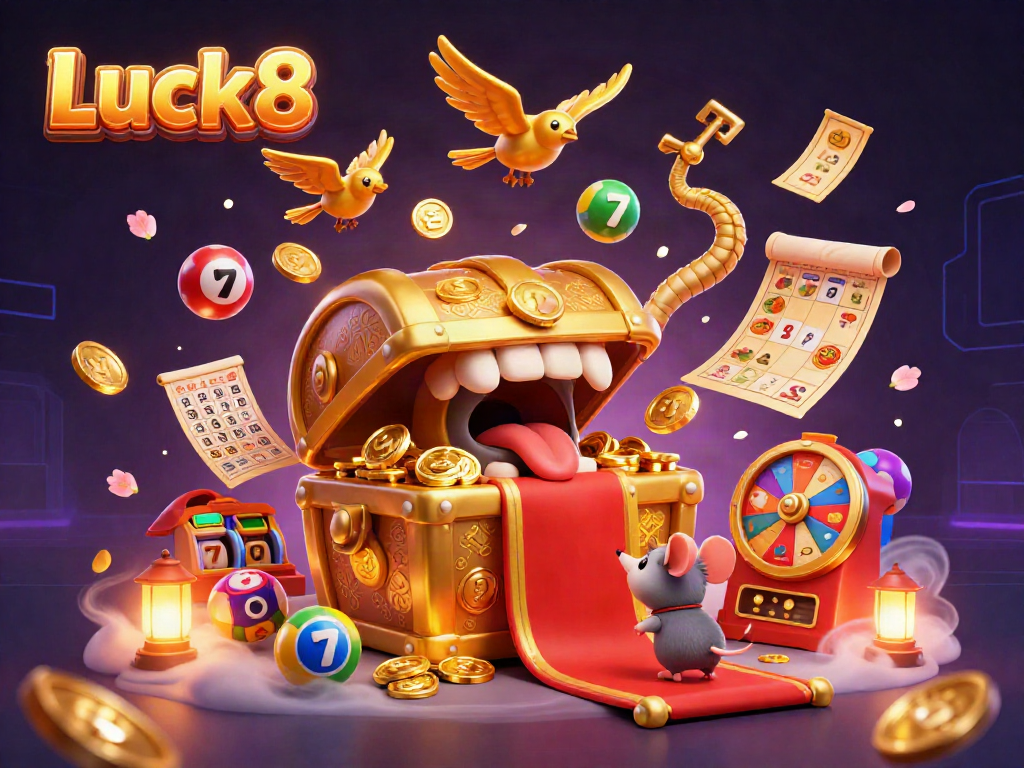 Experience Luck8's playful casino adventure with a vibrant treasure chest and colorful game elements