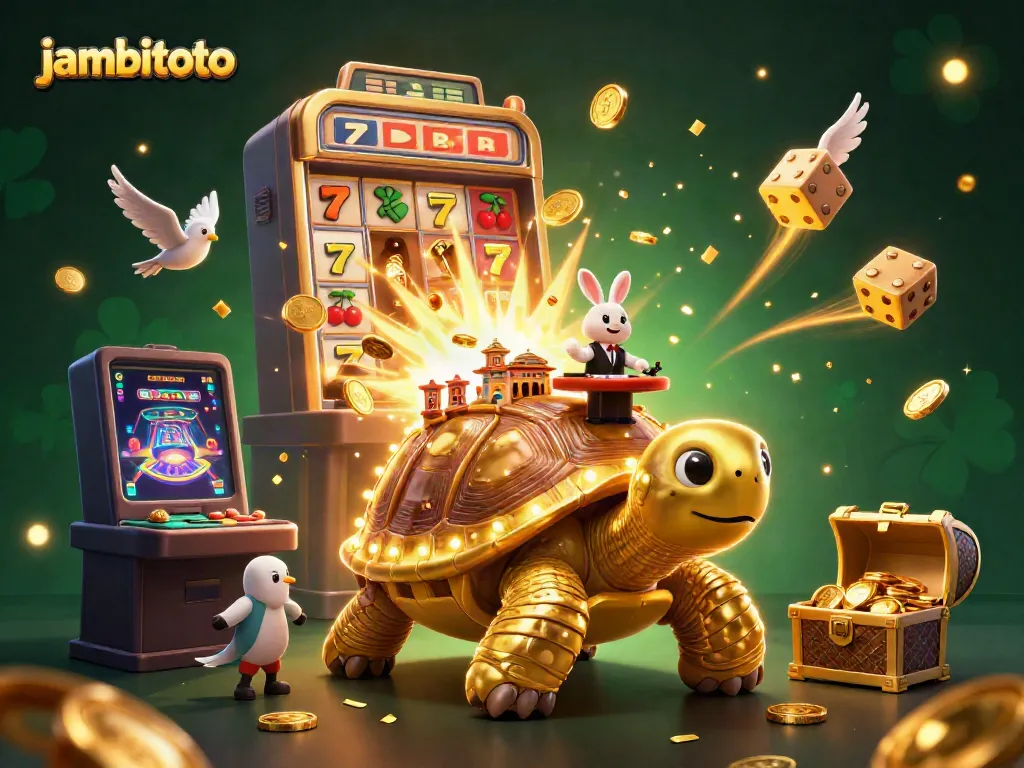 Engage with jambitoto's vibrant online gaming, featuring a golden tortoise casino and lively dealer.