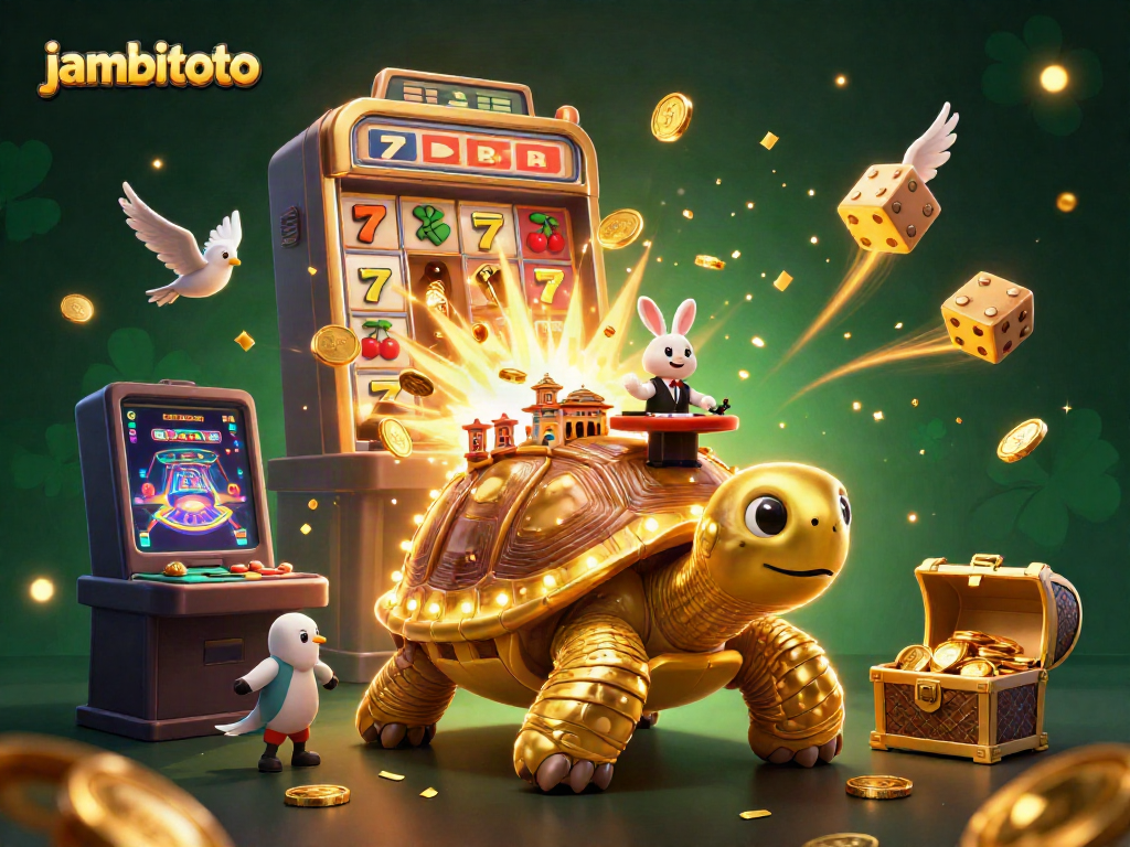 Engage with jambitoto's vibrant online gaming, featuring a golden tortoise casino and lively dealer.