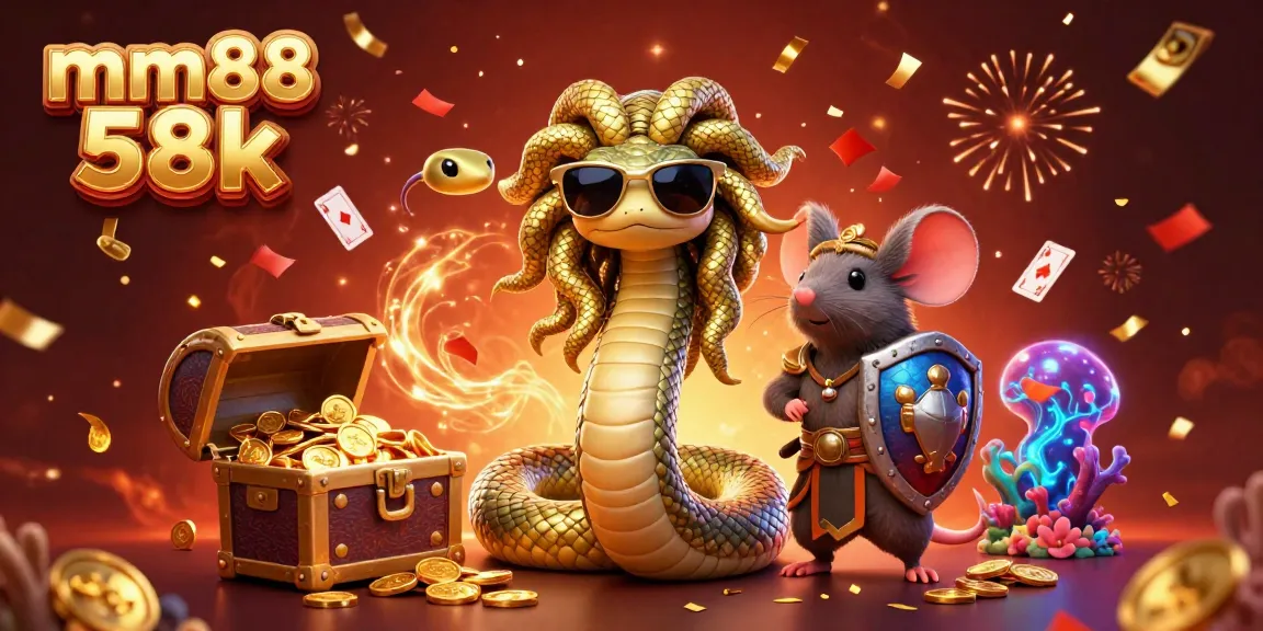Experience thrilling gameplay at mm88 58k with a vibrant casino illustration featuring Medusa and a brave mouse warrior amidst treasure.