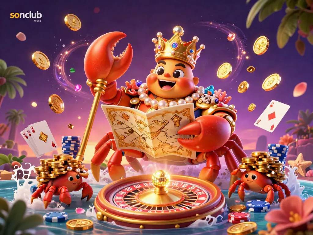 Spin the roulette wheel at sonclub with vibrant gaming elements and a majestic golden crab emperor.