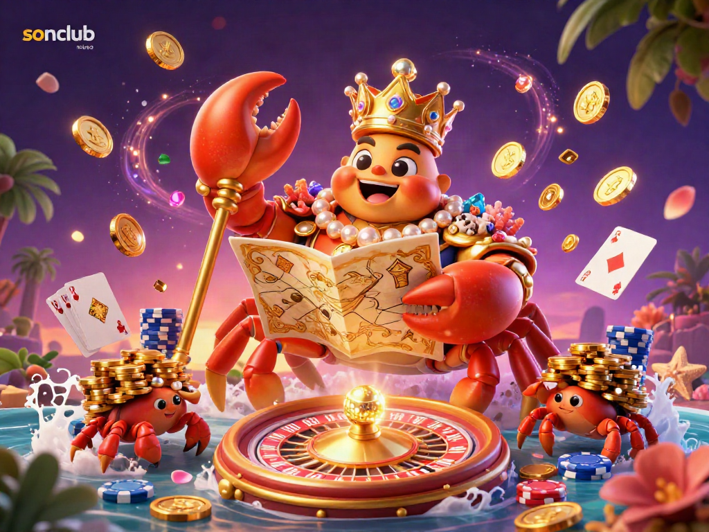 Spin the roulette wheel at sonclub with vibrant gaming elements and a majestic golden crab emperor.