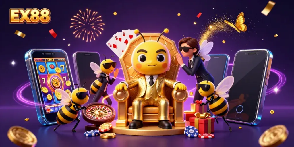 EX88 showcases vibrant 3D casino activity with a bumblebee mob boss and engaging game elements.