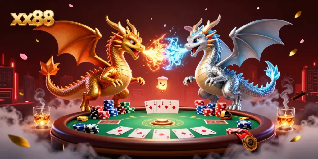 Engage with xx88's world of vibrant online gaming featuring twin dragons and rich casino elements