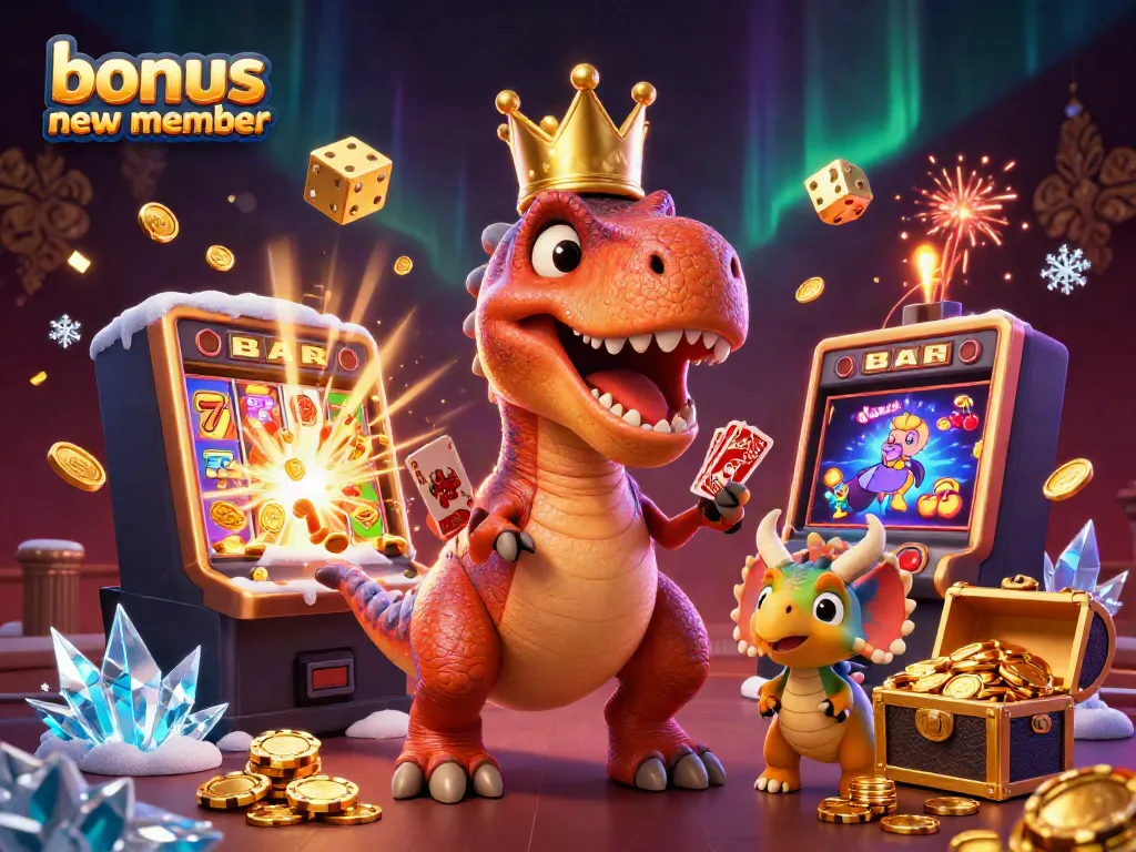 Experience the excitement of the bonus new member offer with animated casino characters and shimmering slots.