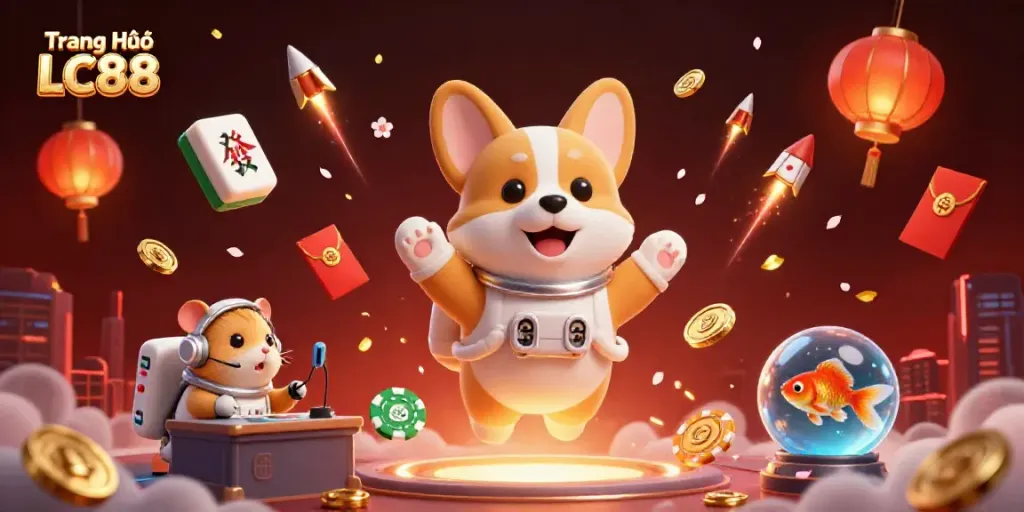 Experience the excitement of Trang Chủ LC88 with a 3D cartoon astronaut corgi in a vibrant casino environment.