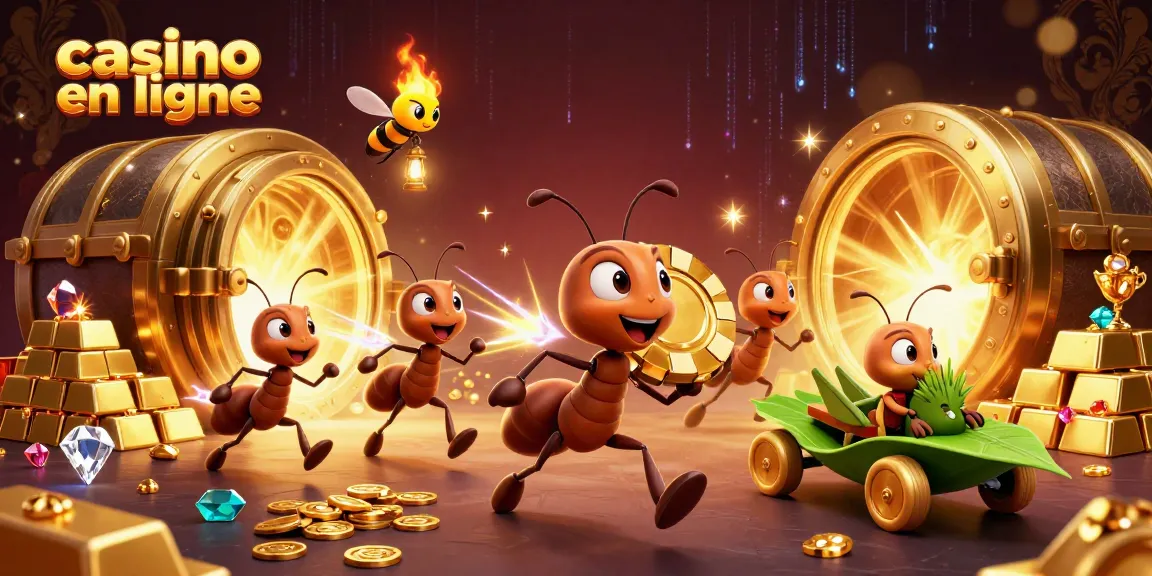 Visualisez le casino en ligne au cœur d'une aventure animée avec des fourmis, une lampe et des trésors scintillants.