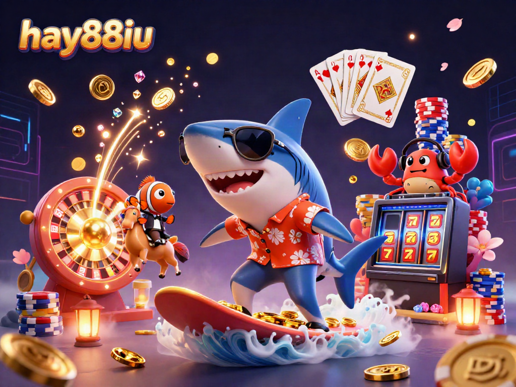 Experience the thrill of casino action with hay88iu, featuring a shark surfing on gold coins amidst dynamic game elements.