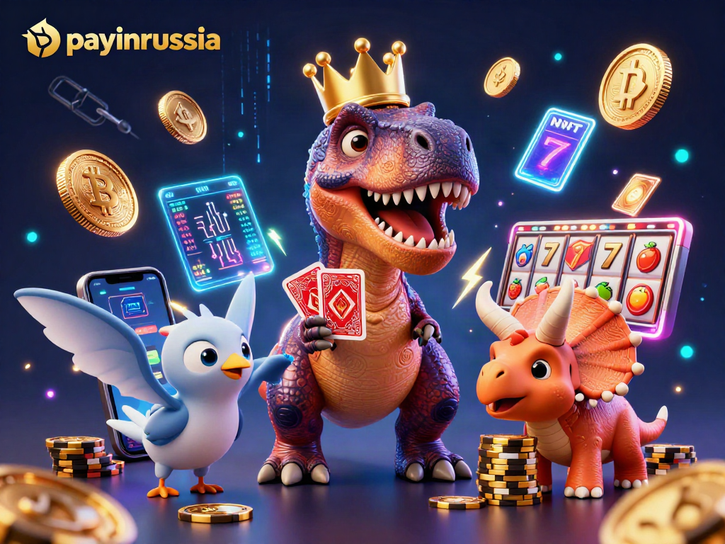 Jouez avec payinrussia : un T-Rex amusant et des cartes au casino virtuel.