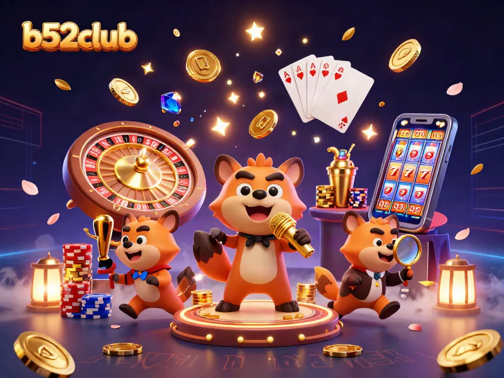 Engage with b52club's vibrant casino scene featuring lively hyenas in a comedy club setting.