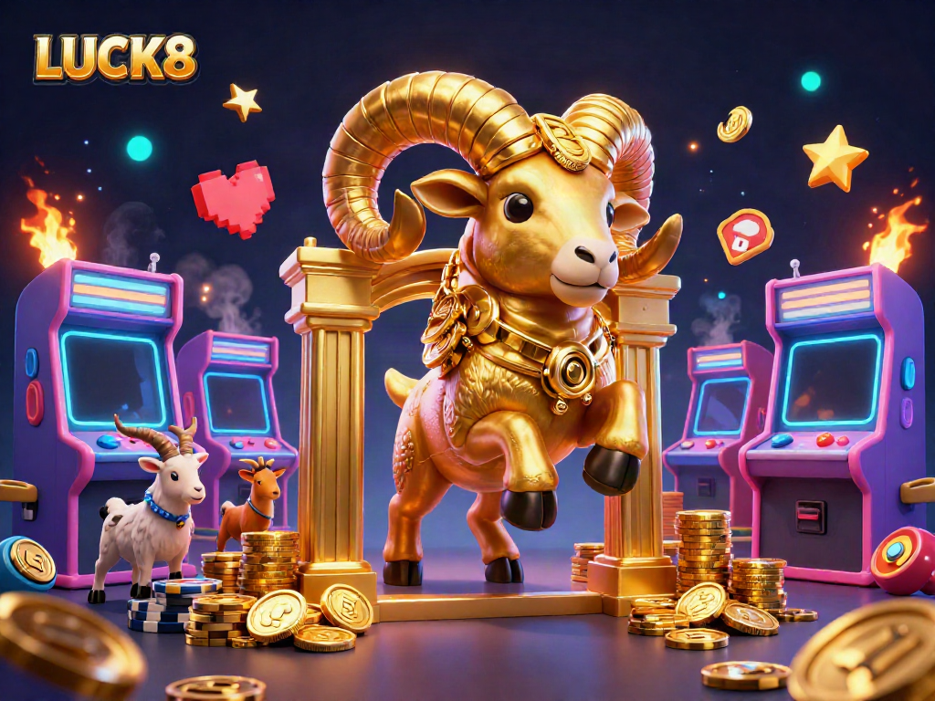 Experience the excitement of LUCK8 through a dynamic 3D illustration of a golden ram charging at a casino gate.