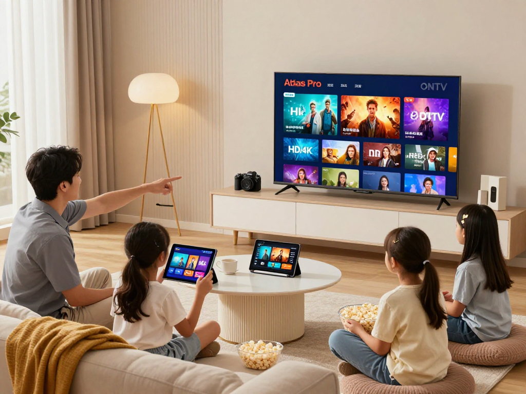Famille profitant d'Atlas pro ontv en regardant des films sur un smart TV.