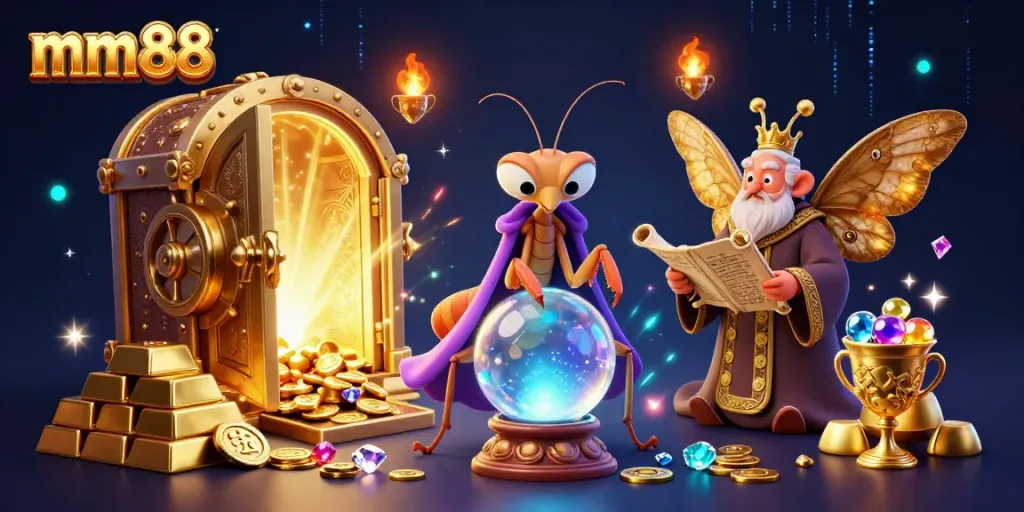Engage in thrilling games at mm88, a vibrant casino scene with enchanting characters and treasures.