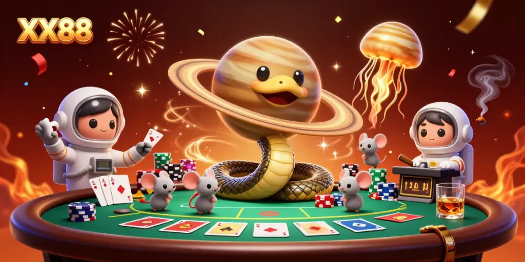 Experience dynamic gaming action with XX88, featuring a cosmic roulette wheel and lively betting mice.