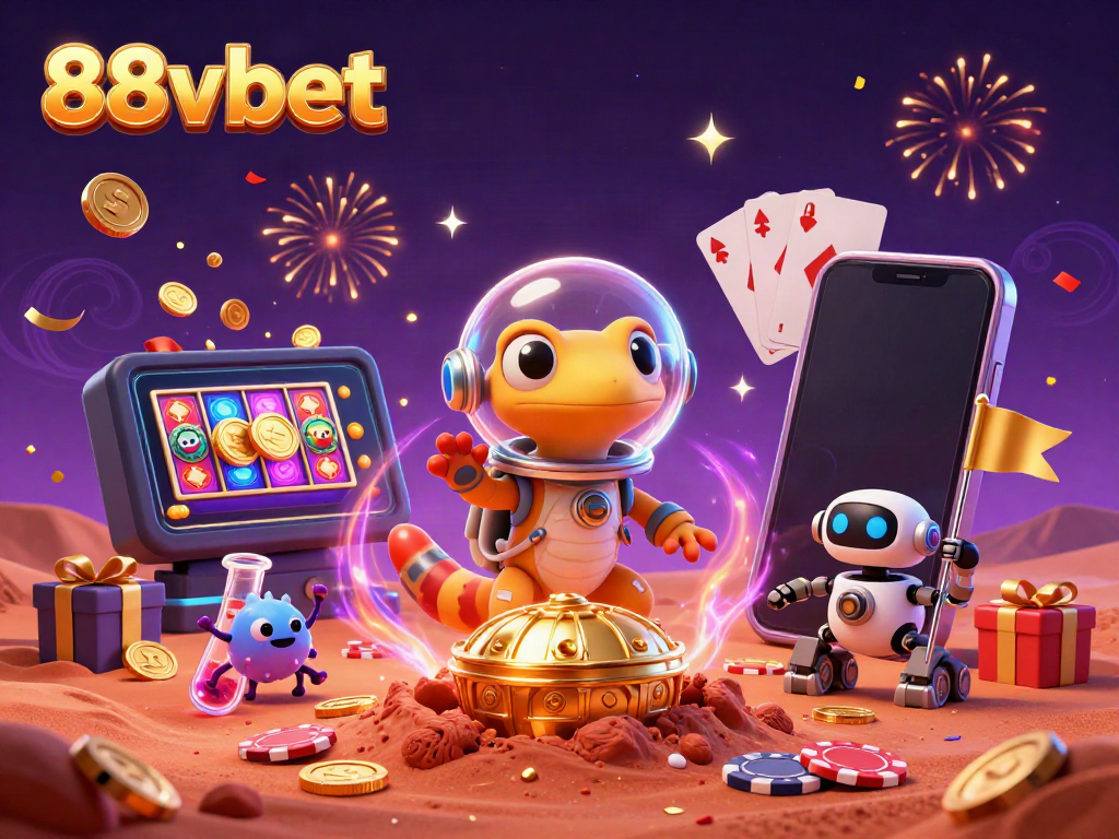Experience the excitement of 88vbet's casino discovery with a Martian gecko and vibrant gaming elements.
