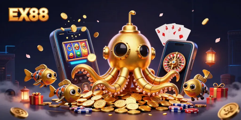EX88 immerses players in thrilling underwater casino adventures with vibrant games and golden coins.