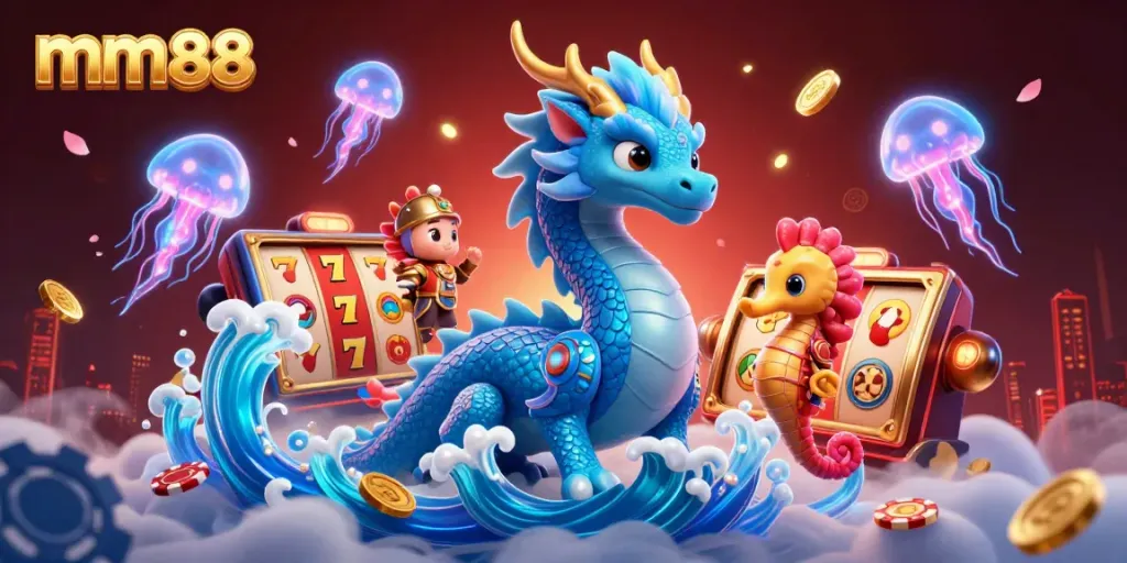 Experience thrilling gameplay with mm88 in this vibrant casino illustration featuring a dragon, seahorse knight, and gaming elements.