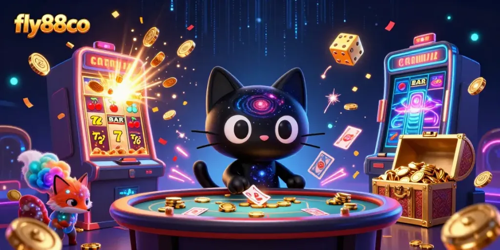Experience thrilling gameplay at fly88co with vibrant casino action featuring a black hole cat pulling in golden winnings.