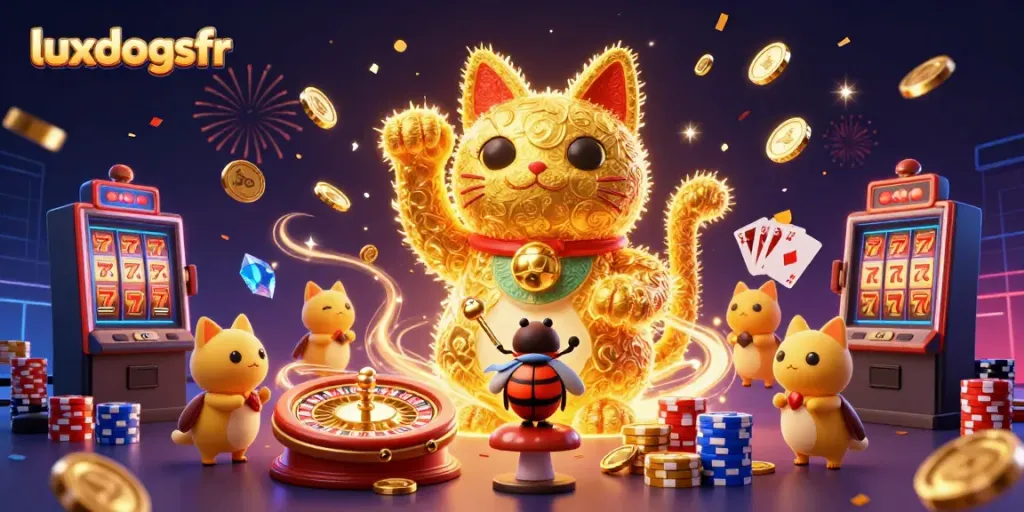 Experience luck with luxdogsfr in this vibrant 3D illustration showcasing casino excitement.
