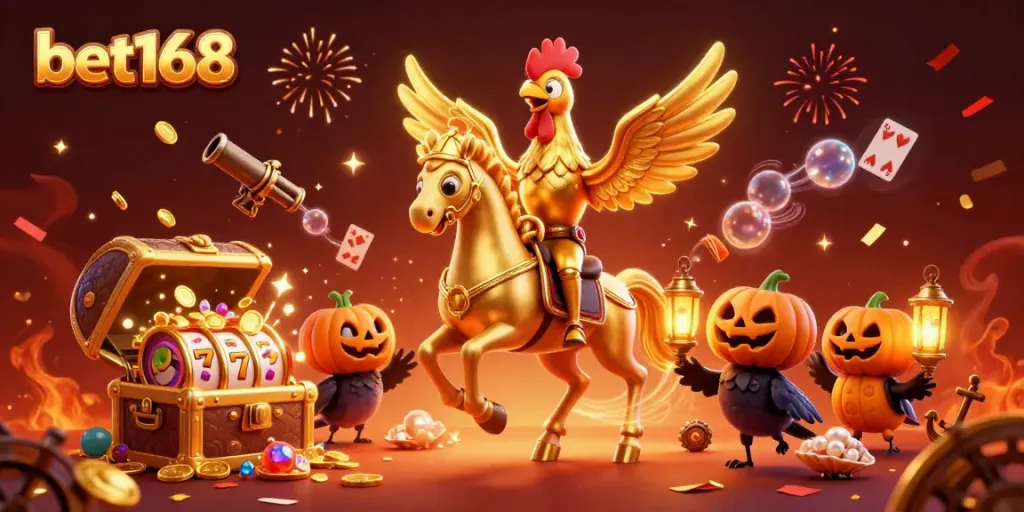 Experience the thrill of bet168 with a dynamic casino scene featuring golden rooster and treasure.
