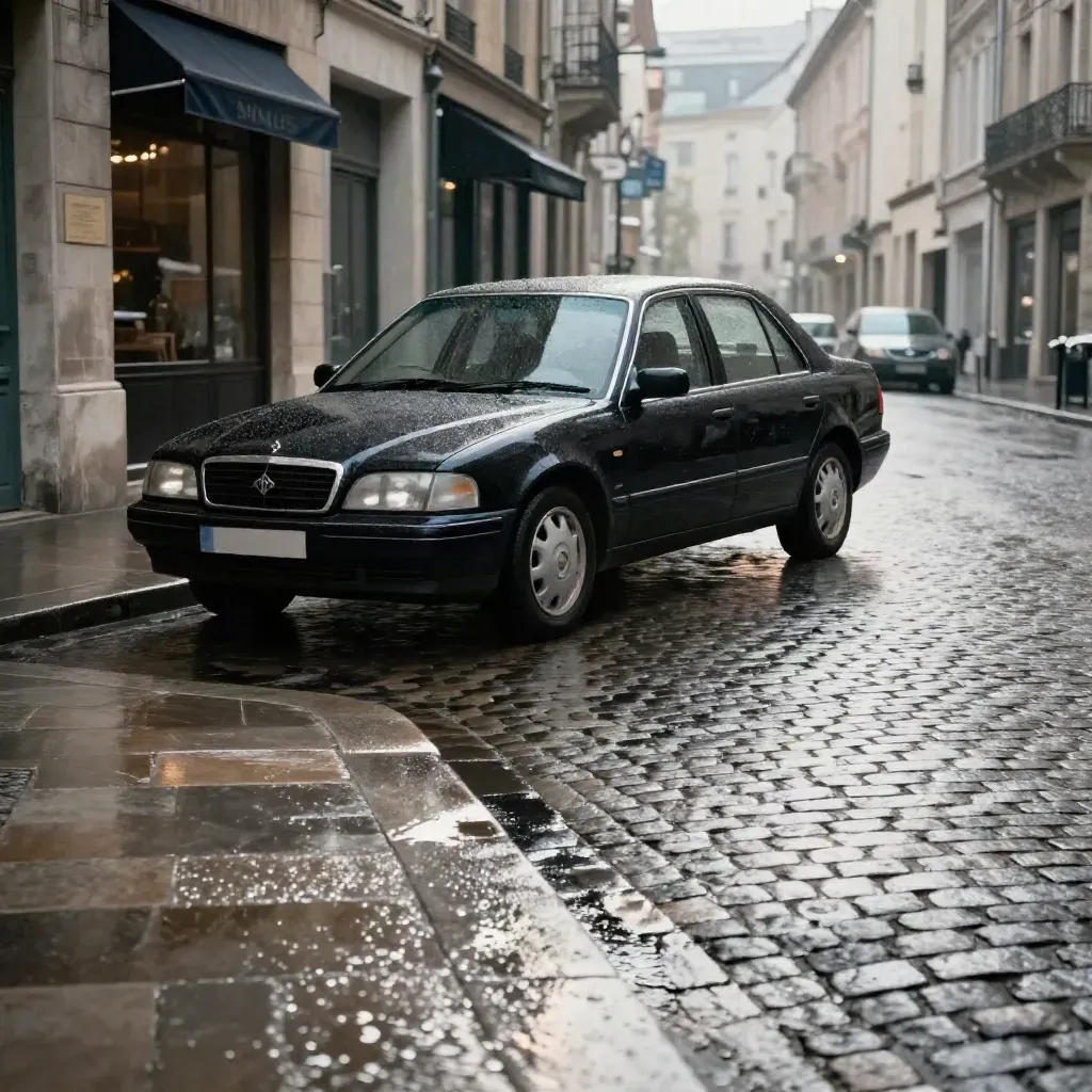 Taxi noir filant dans une rue étroite mouillée, façades en pierre et auvents flous.