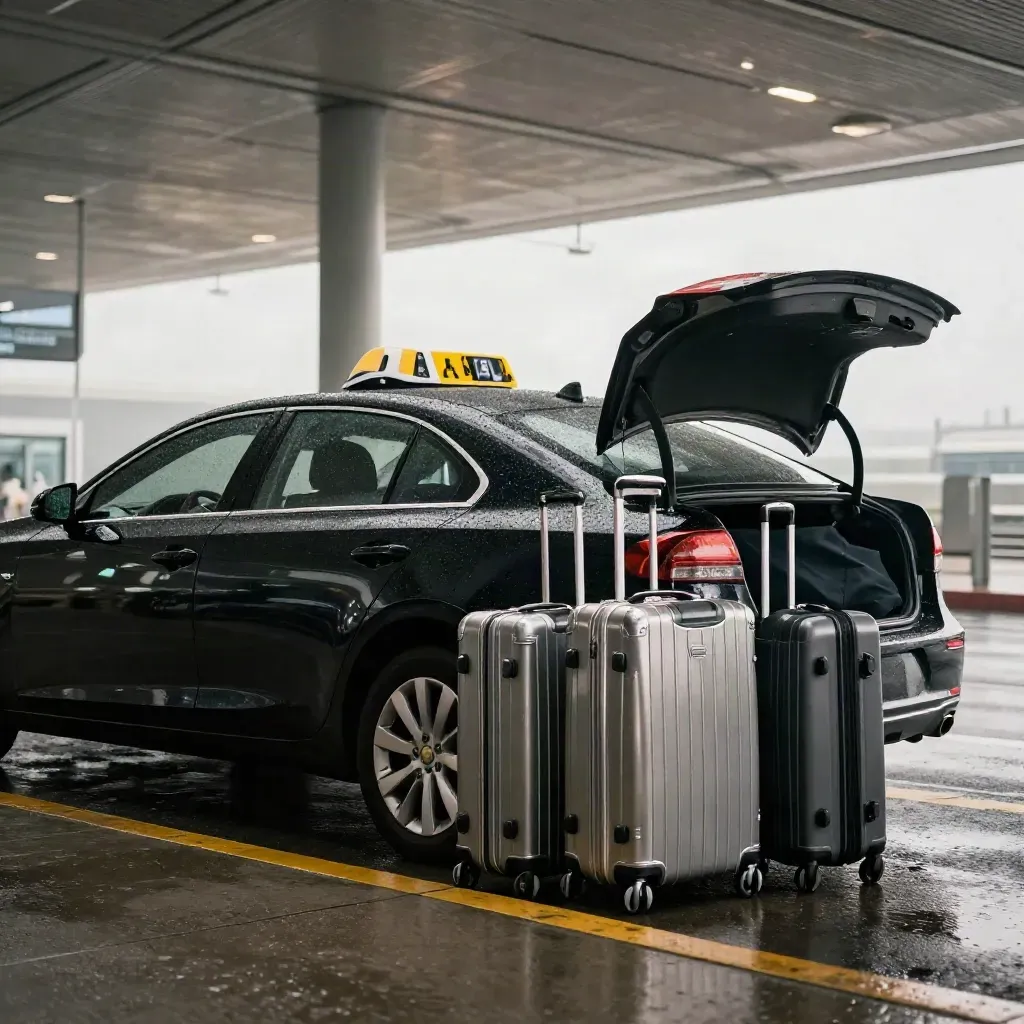 Taxi noir sous l’auvent de l’aéroport, valises et chariot prêts pour une prise en charge