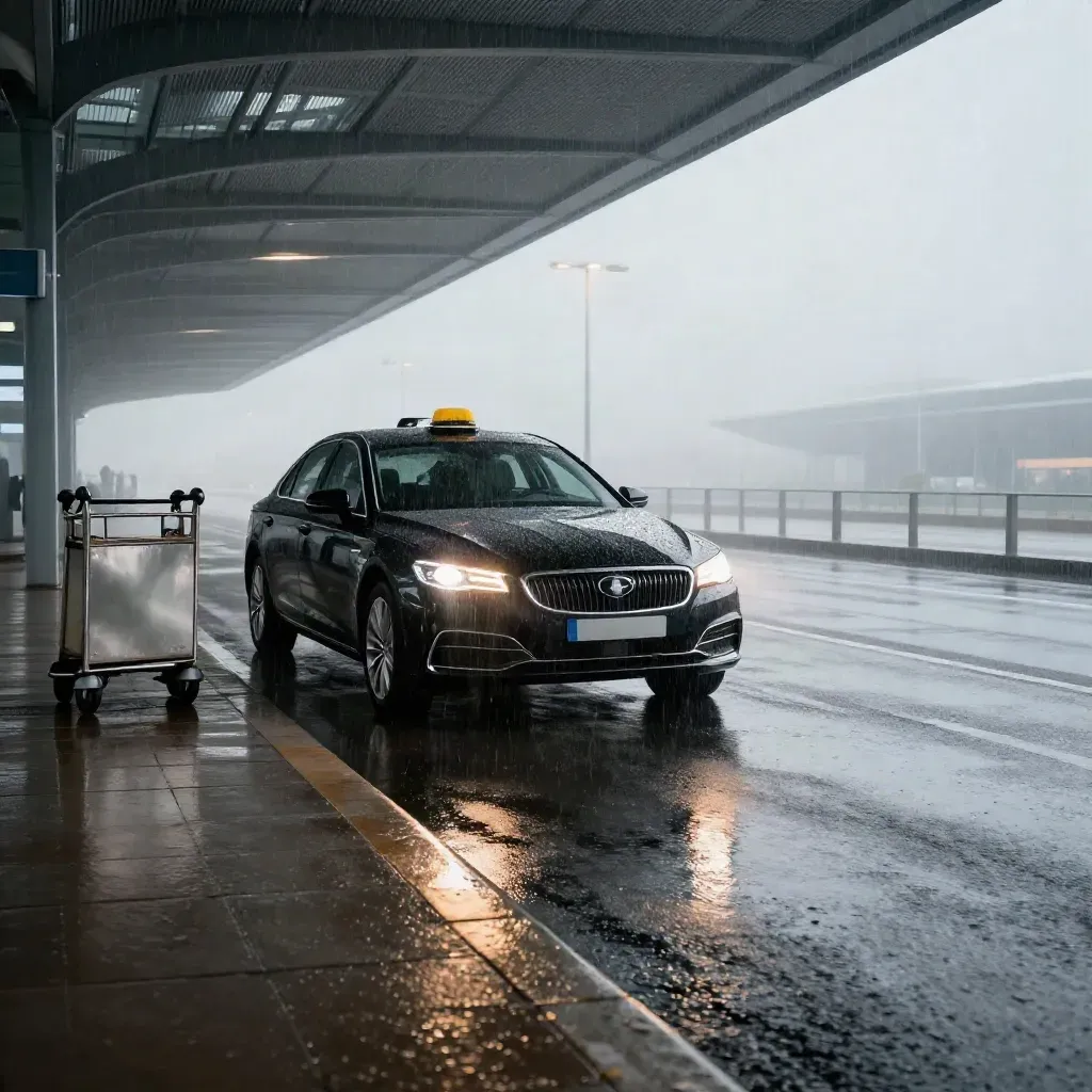 Taxi noir à l’aéroport, pluie fine, halo jaune, sol mouillé et terminal dans la brume.