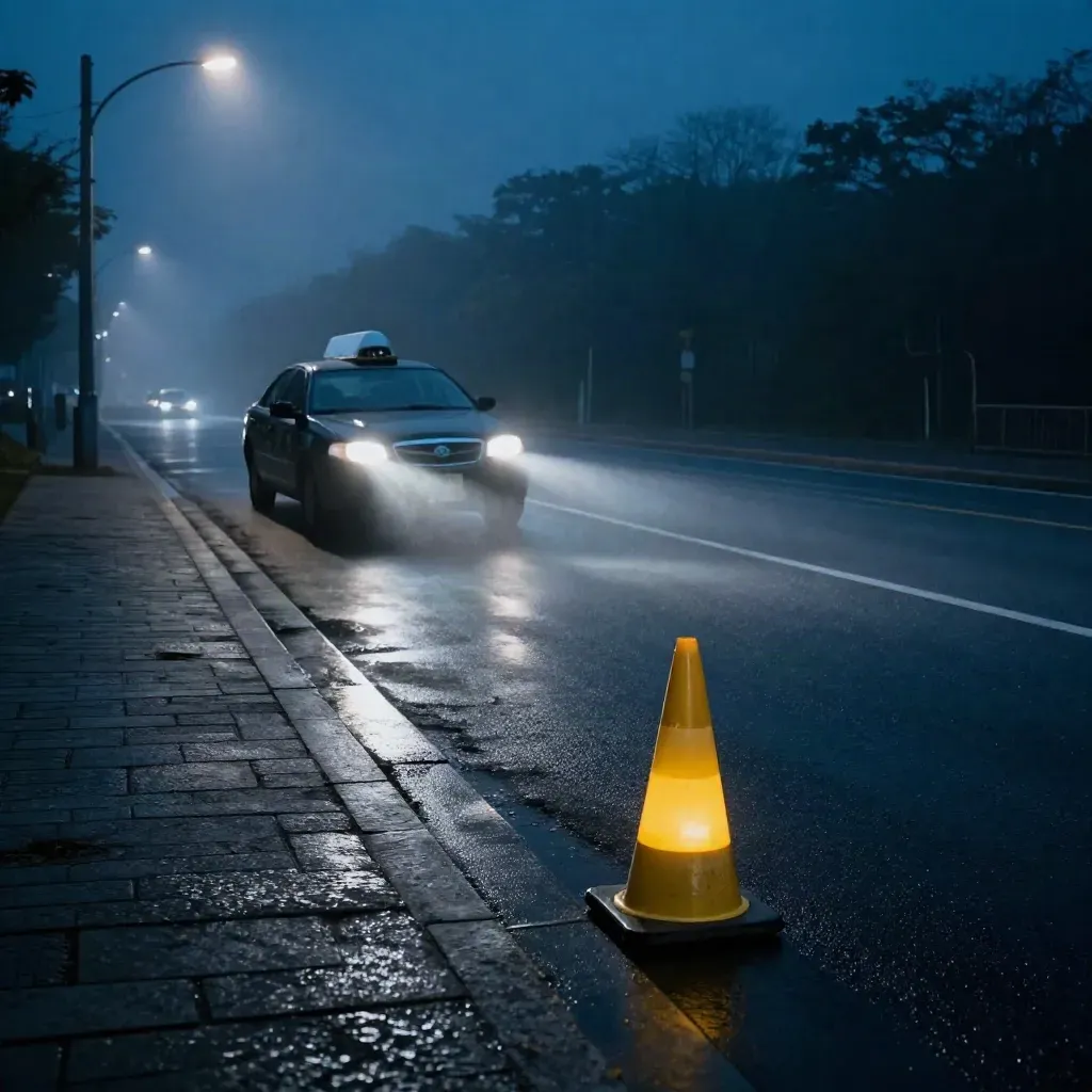Boulevard vide de nuit avec phare de taxi, cône lumineux et trottoir mouillé.