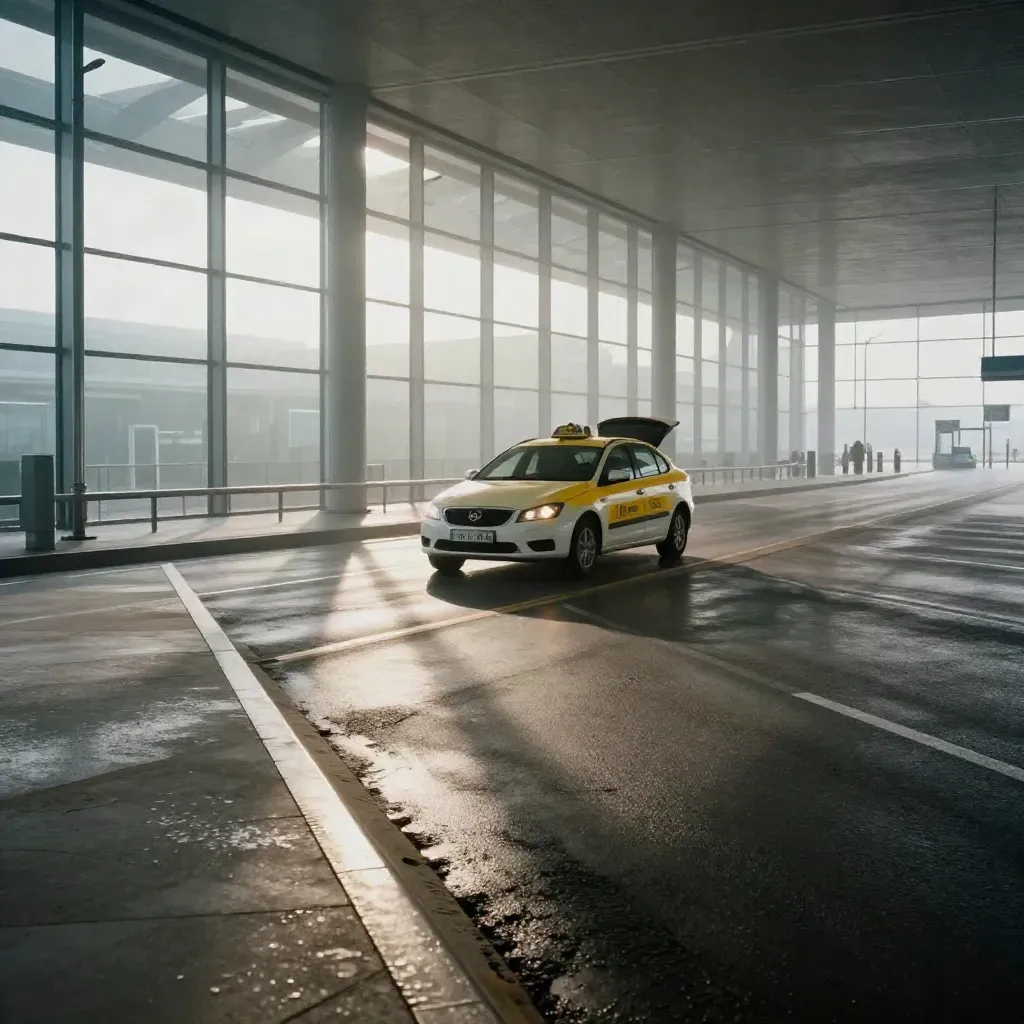 Taxi jaune en attente devant le terminal à l’aube, chaussée mouillée et brume froide.