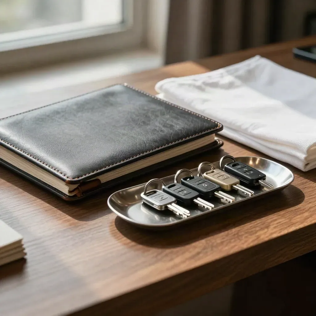 Folio en cuir, quatre clés alignées et plateau métallique sur un comptoir d’hôtel lumineux.