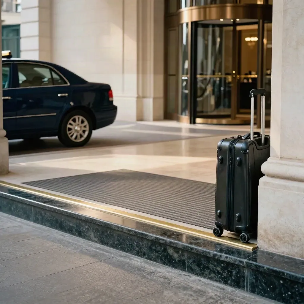Taxi quittant une porte-cochère d’hôtel, valises prêtes au départ sous lumière d’après-midi.