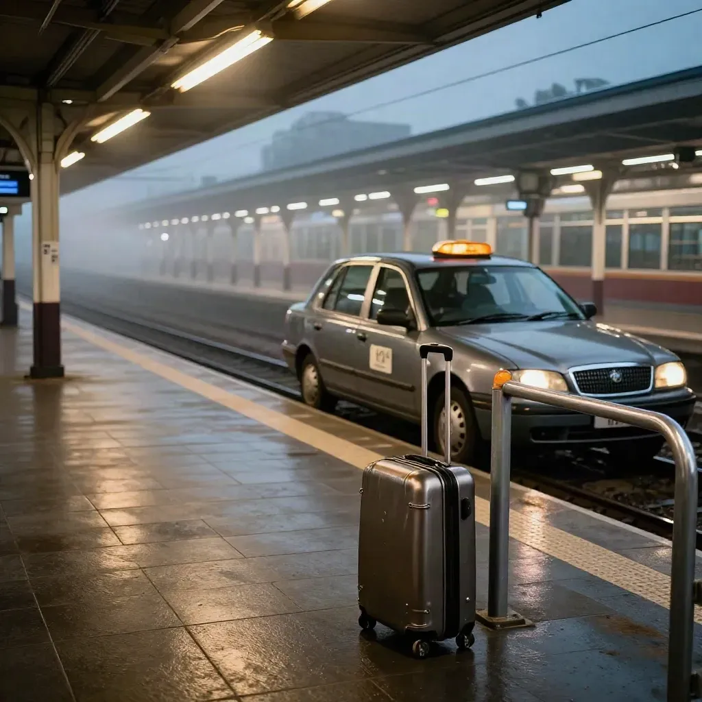 Taxi seul sous lumière ambrée devant la gare, valise au quai et brume nocturne.
