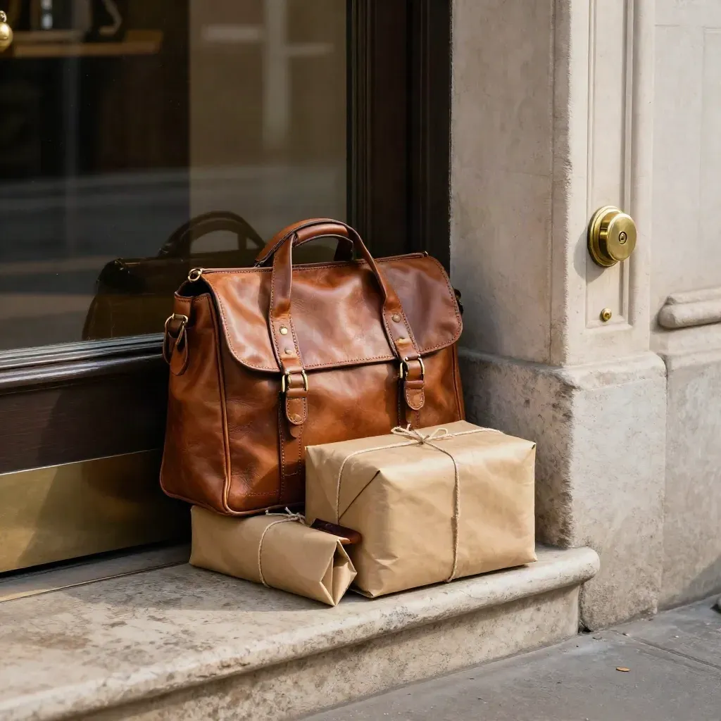 Dossier urgent livré devant une porte d’agence, sac de livraison, colis scellé et sonnette en laiton