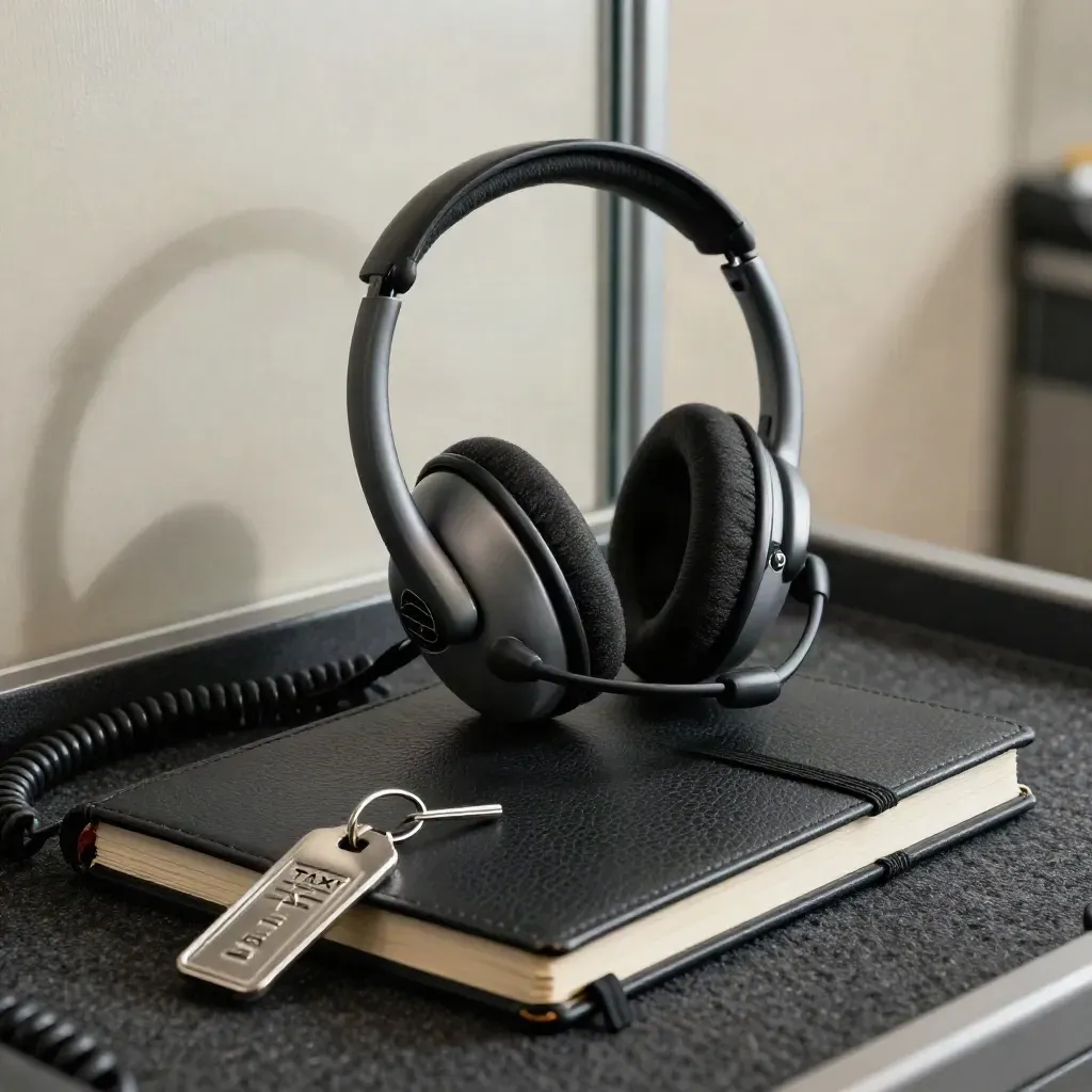 Casque de dispatch, carnet fermé et porte-clés hôtel sur feutre sombre, lumière dramatique.