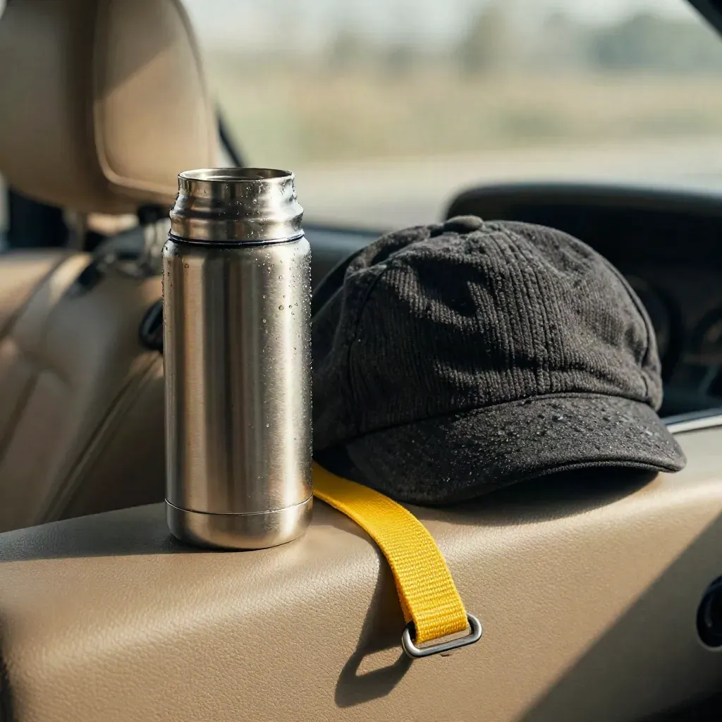 Gros plan d’un thermos de nuit, bonnet en laine et bande réfléchissante sur vinyle texturé.