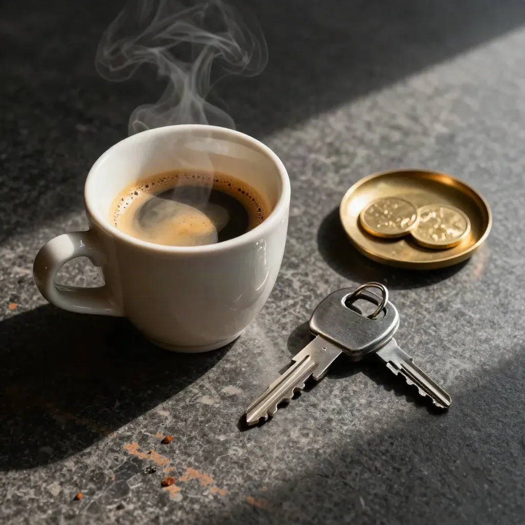 Vue zénithale d’une tasse d’espresso, de clés de voiture et d’une coupelle en laiton sur un comptoir sombre.