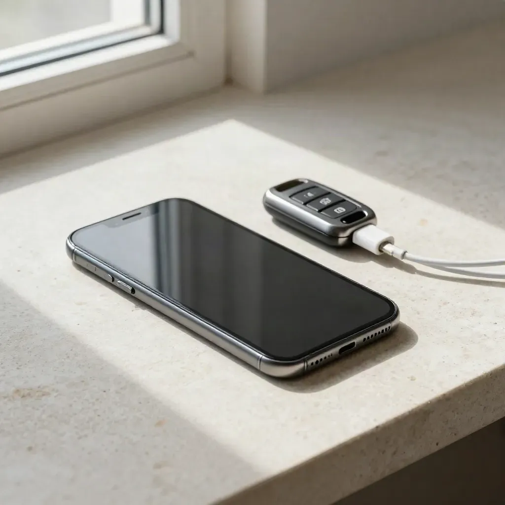 Smartphone face cachée, clé de voiture et câble sur pierre claire, lumière douce.