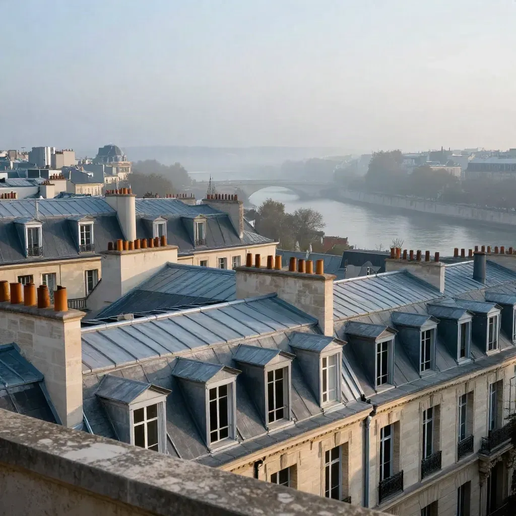 Toits parisiens en pierre et zinc dans une brume claire au lever du jour.