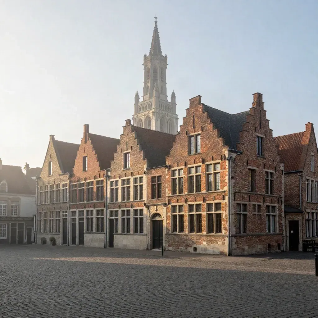 Briques flamandes et beffroi au-dessus d’une place calme dans la brume du matin.