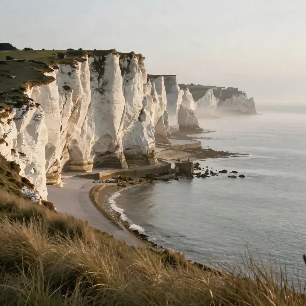 Falaises crayeuses normandes et mur de port sous une lumière dorée, avec brume marine.